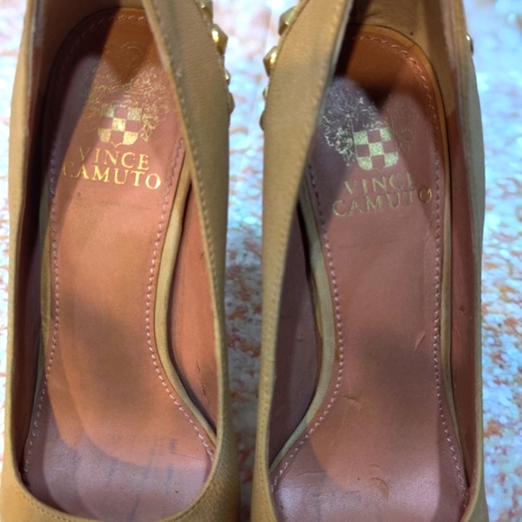 Vince Camuto Tan Leather Peep Toe Studded Heels - Picture 3 of 8